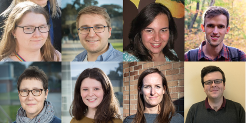 Headshots of the eight members of the escape room team. These are arranged as squares in a 4x2 grid.